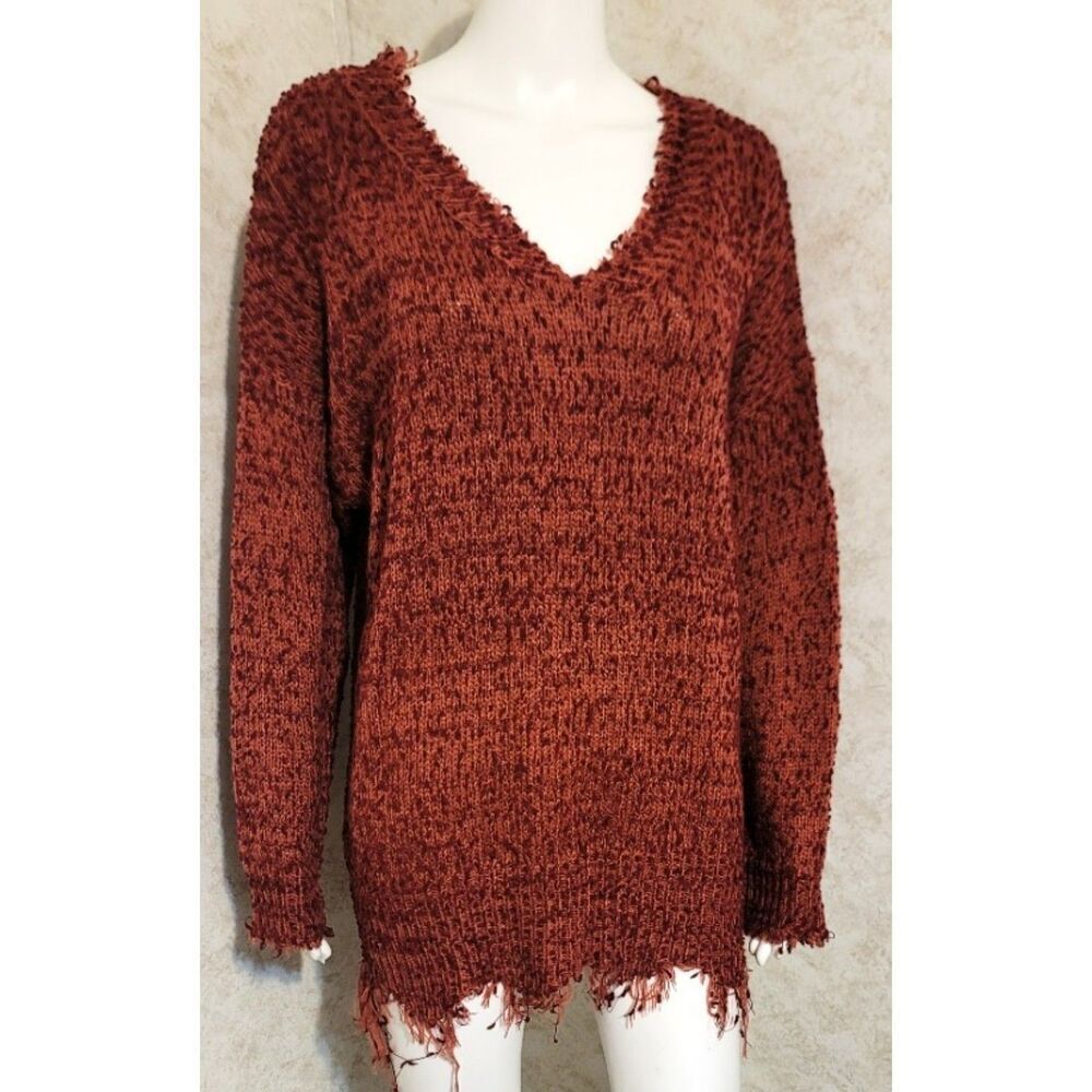 Umgee Frayed Vee Neck Oversized Knit Sweater - Size M - Picture 3 of 12